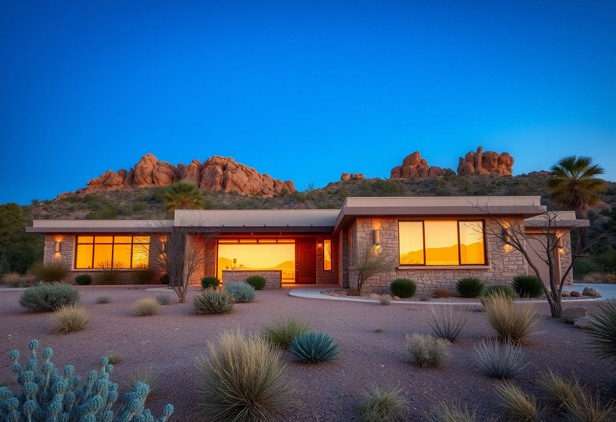 Energy-efficient high-desert home near Prescott, Arizona at golden hour